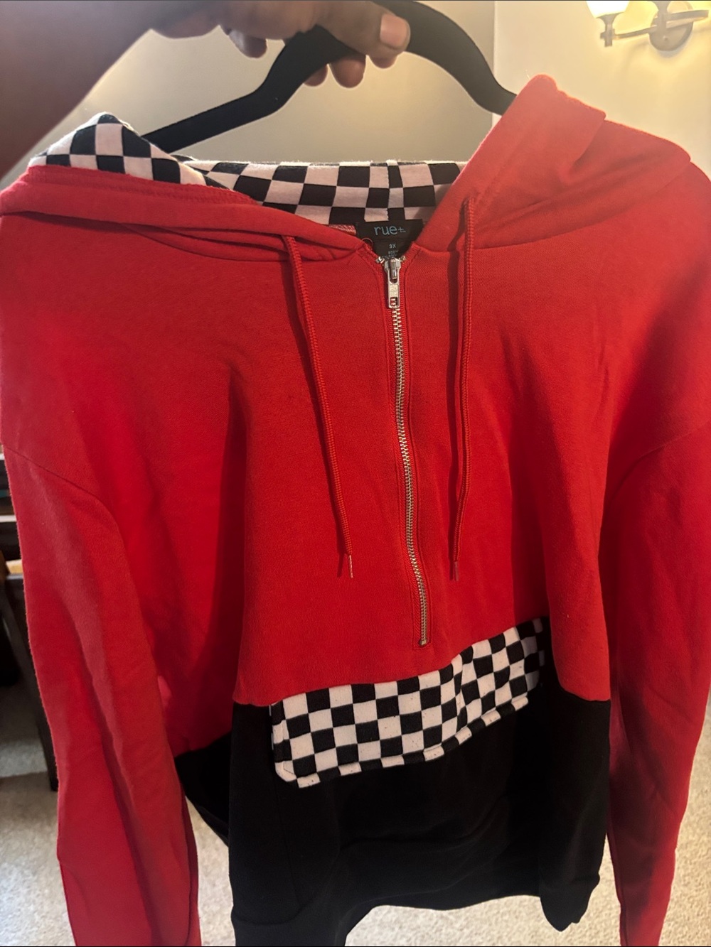 Rue21 Red and Black Half-Zip Hoodie with Checkerboard Accent